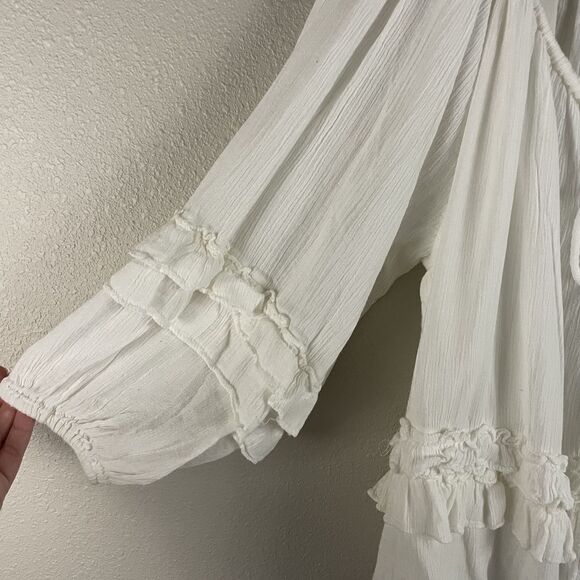 Denim & Supply Womens S White Peasant Ruffle Crepe Tie Neck And Hem Blouse - Picture 3 of 4